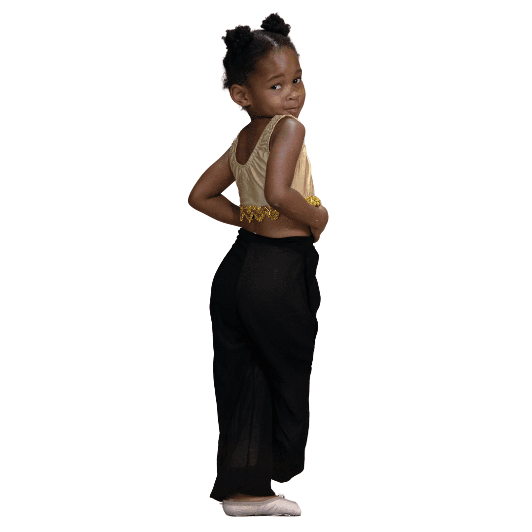 Gold crop top with frill detail, Black chiffon jasmine pants & gold sashes and coin belts - Rental - Size 7-8, 9-10 - Image 5