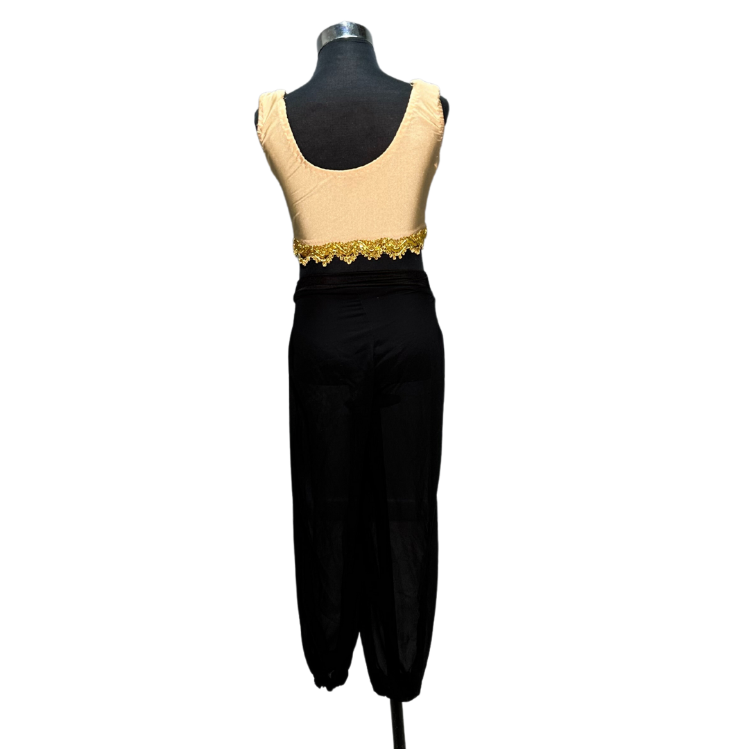 Gold crop top with frill detail, Black chiffon jasmine pants & gold sashes and coin belts - Rental - Size 7-8, 9-10 - Image 2