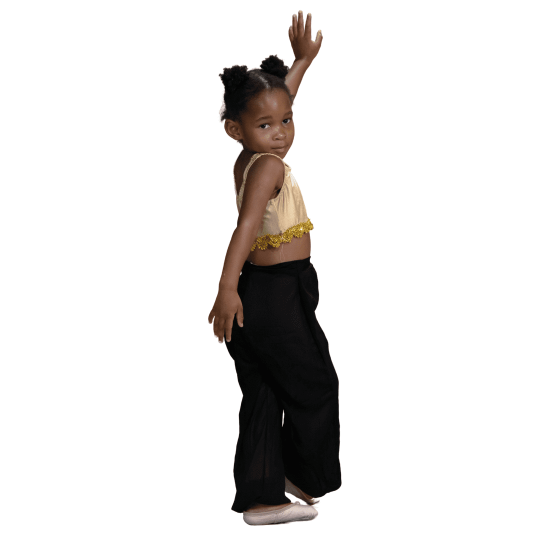 Gold crop top with frill detail, Black chiffon jasmine pants & gold sashes and coin belts - Rental - Size 7-8, 9-10 - Image 4