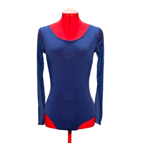 Navy blue cotton lycra leotard with long mesh sleeves - Rental - Size 9-10, 11-12, Medium