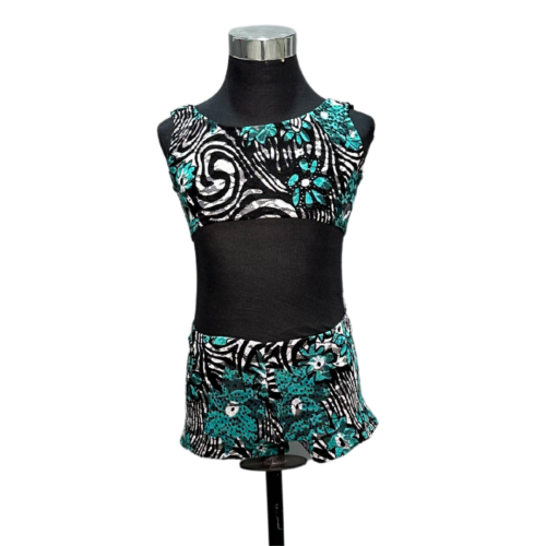 Turquoise, black & white animal print crop top & hotpants set - Rental - Size 5-6, 7-8