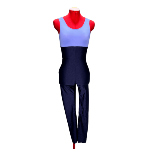 Two-tone various blue sleeveless unitard with matching blue lycra & chiffon sleeve wings - Rental - Size 9-10, 11-12, 13-14/X-Small, Small