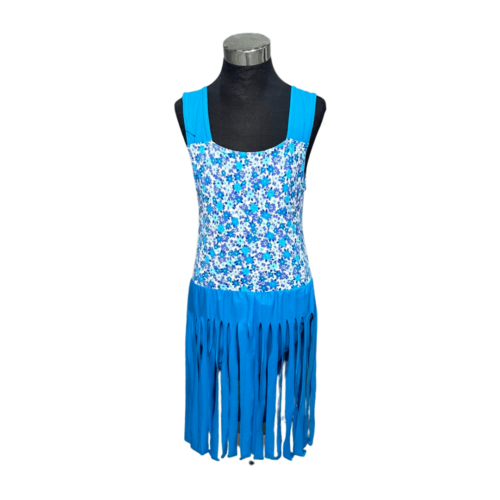 Blue floral lycra dress with blue lycra fringe skirt with built-in leotard - Rental - Size 5-6