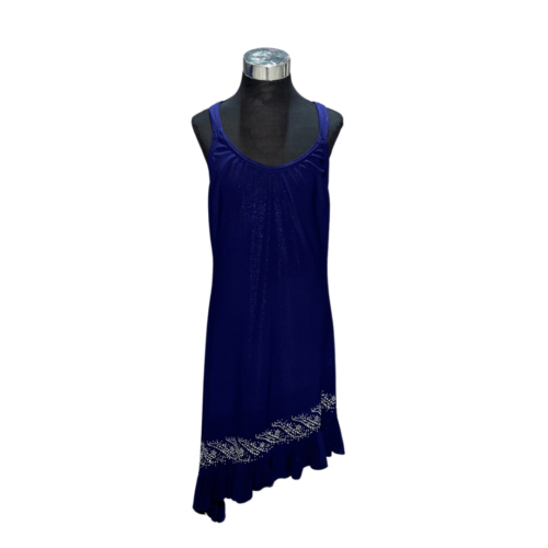 Dark periwinkle dress with double criss-cross straps & asymmetrical hem & silver gemstone details above hem frill - Rental - Size Small