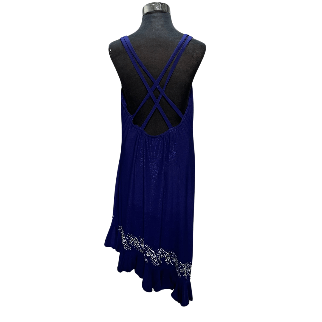 Dark periwinkle dress with double criss-cross straps & asymmetrical hem & silver gemstone details above hem frill - Rental - Size Small - Image 2