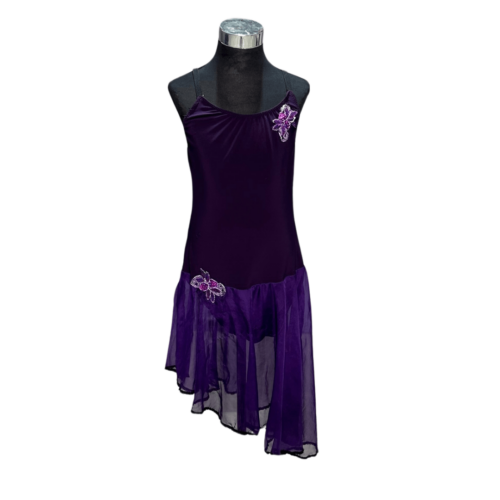 Dark purple strappy leotard with asymmetrical chiffon skirt and beaded appliques - Rental - Size Medium