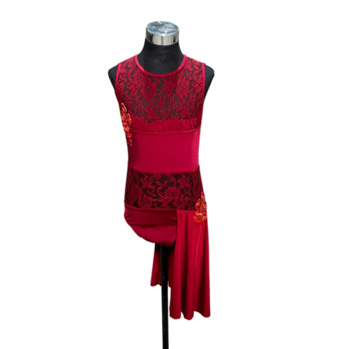 Dark red lace & lycra panelled leotard with lycra halfskirt and lace applique on side waist - Rental - Size 7-8