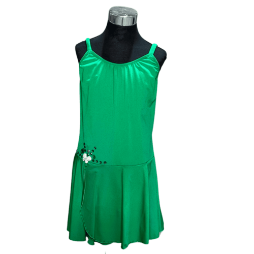 Green lycra strappy leotard with lycra wrap skirt attached and open back with criss-cross details - Rental - Size 13-14/X-Small