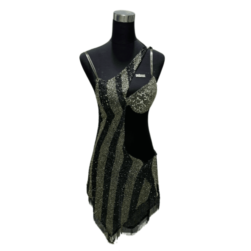 Green striped beaded dress with open back & asymmetrical skirt - Rental - Size XX-Small