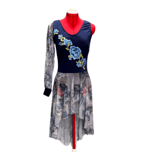 Navy leotard with floral lace appliques, high-low printed nylon mesh skirt and 1 long mesh sleeve with cuff - Rental - Size Medium