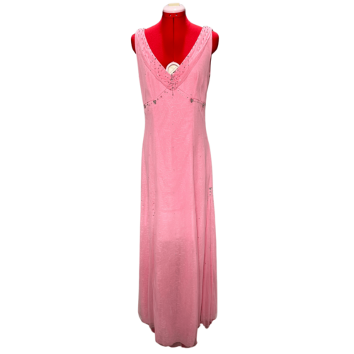 Pink V-neck dress with sequin details and gemstones around neckline - Rental - Size Medium