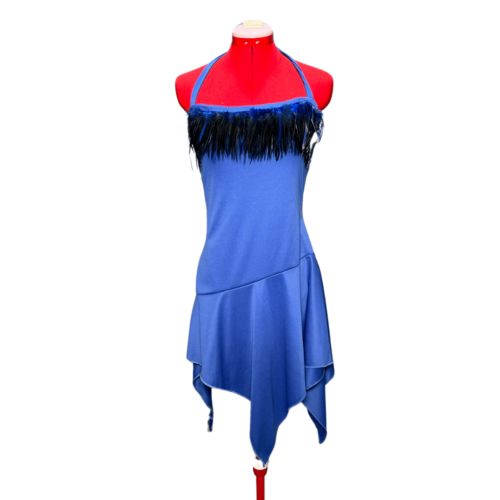 Royal blue halterneck dress with handkerchief skirt and feather details - Rental - Size 13-14/X-Small