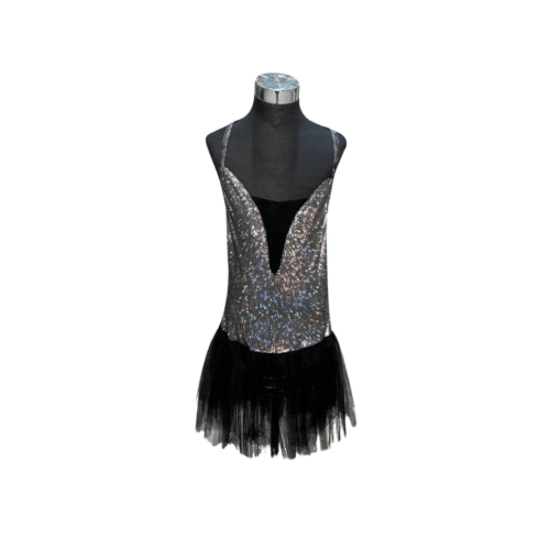 Silver holographic strappy leotard with lace up details & black tulle skirt - Rental - Size 11-12