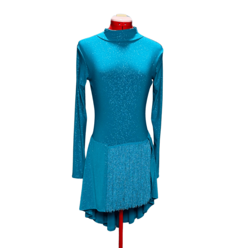 Sparkly turquoise high neck leotard with high-low sparkly skirt and turquoise fringe trim and long sleeves - Rental - Size Medium