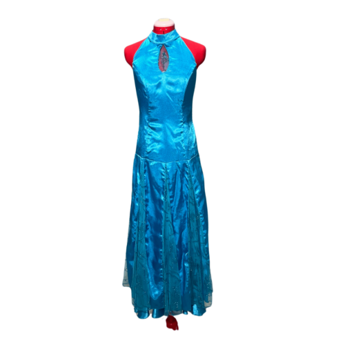 Turquoise satin halterneck dropped waist dress with sequined tulle godets and open back - Rental - Size 13-14/X-Small