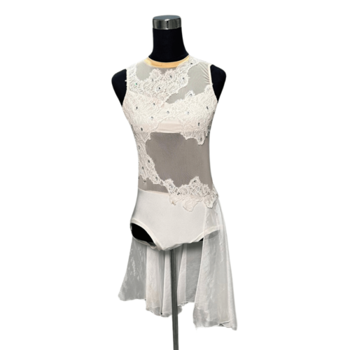 White lycra & mesh panelled leotard with white lace appliques & chiffon halfskirt - Rental - Size Medium