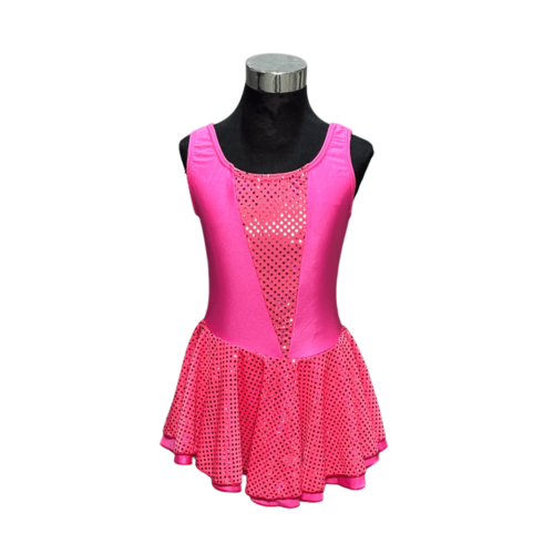 Pink leotard with sequin panel & attached sequined skirt - RENTAL - Size 7-8