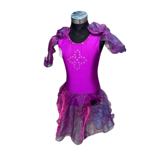 Purple leotard with multi-coloured taffeta sleeves & attached skirt - RENTAL
