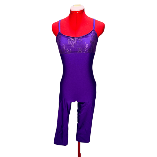 Purple strappy unitard with criss-cross back and lace details - RENTAL - Size 11-12