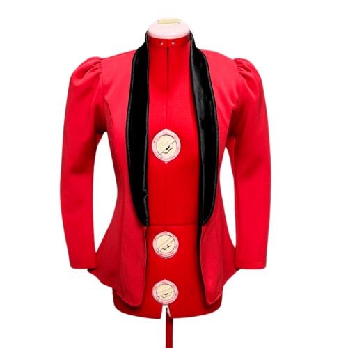 Red flared panelled jacket with mutton sleeves and black collar - RENTAL - Size XX-Small