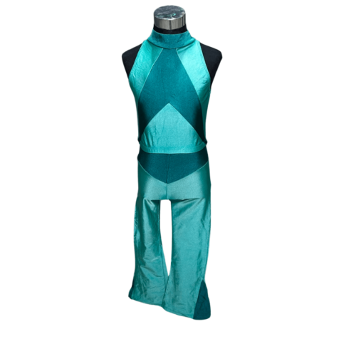 Two-tone turquoise lycra high neck crop top with matching flared pants - RENTAL - Size 7-8