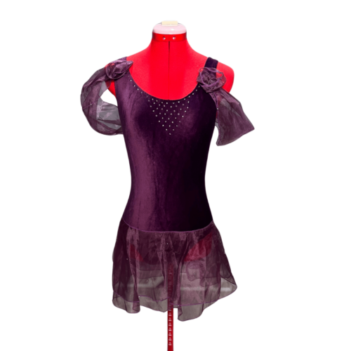 Velour purple leotard with purple organza sleeves & attached skirt - RENTAL - Size 11-12