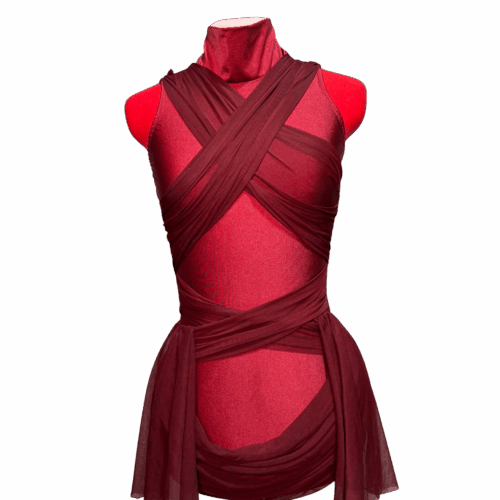 Burgundy leotard with high neck, attached halfskirt and draped mesh - RENTAL - Size Small
