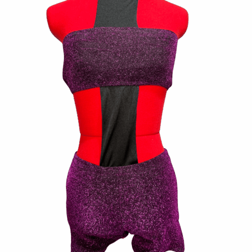 Sparkly purple tube top & shorts attached with black lycra & high neck - RENTAL - Size X-Small