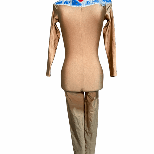 Light brown off-the shoulder unitard with white and blue neck trim - RENTAL - Size ?