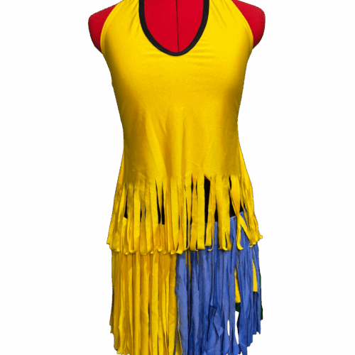 Yellow lycra halter top with fringe & lycra fringe skirt with hotpants - RENTAL - Size ?
