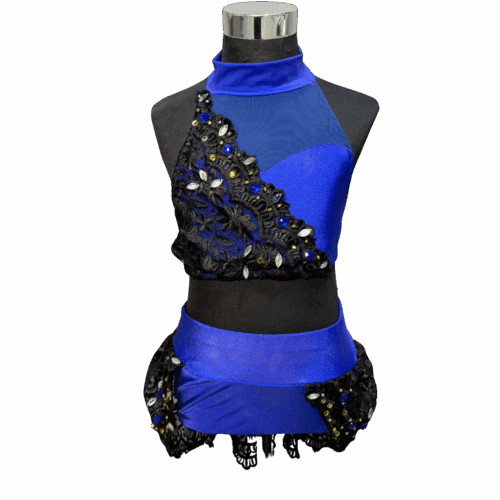 Royal blue halter top with black lace appliques & matching bottoms & lace halfskirt - RENTAL - Size ?