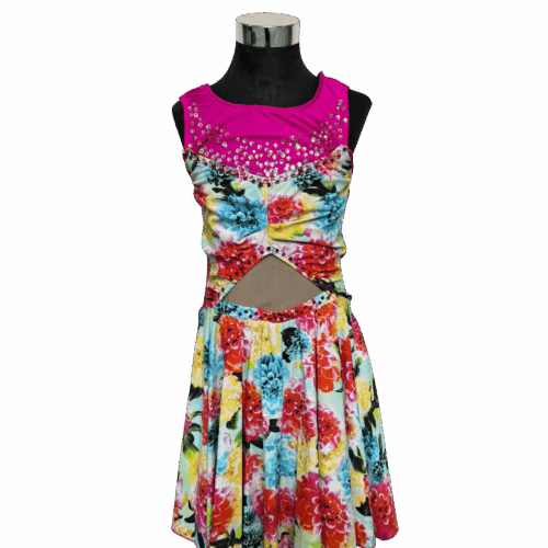 Multicolour floral dress with pink straps, pink shorts attached - RENTAL - Size ?