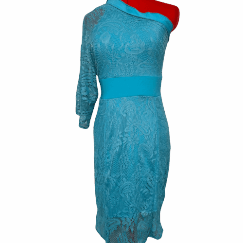 Turquoise off the shoulder 1-sleeve lace dress - RENTAL - Size?