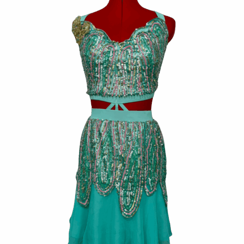 Turquoise & pink sequined crop top with matching hotpants & sequined and chiffon skirt - RENTAL - Size?