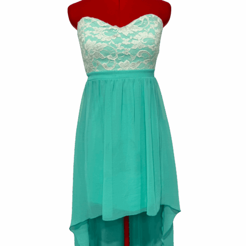 Strapless dress with white lace bodice and mint green high-low chiffon skirt - RENTAL - Size?