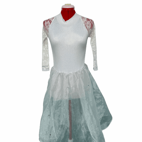 Sparkly white leotard with lace sleeves and attached organza skirt - RENTAL - Size?