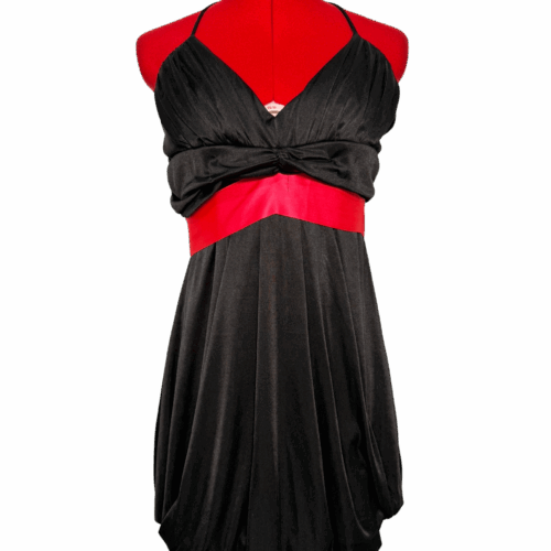 Black satin halter mini dress with pink sash bow - RENTAL - Size?