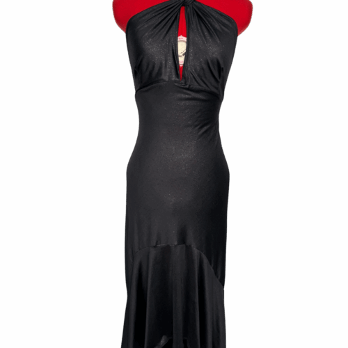Sparkly black twist-front halter dress with open back & high-low hem - RENTAL - Size?