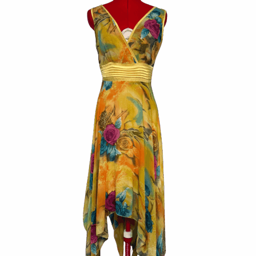 Yellow floral printed dress with wrap neckline & uneven hem - RENTAL - Size?