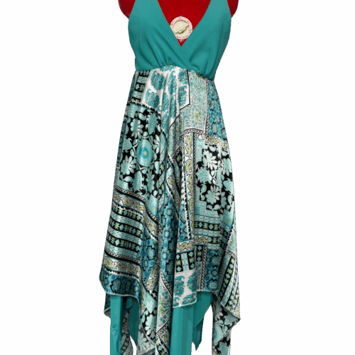 Printed turquoise dress with wrap top & handkerchief skirt - RENTAL - Size?