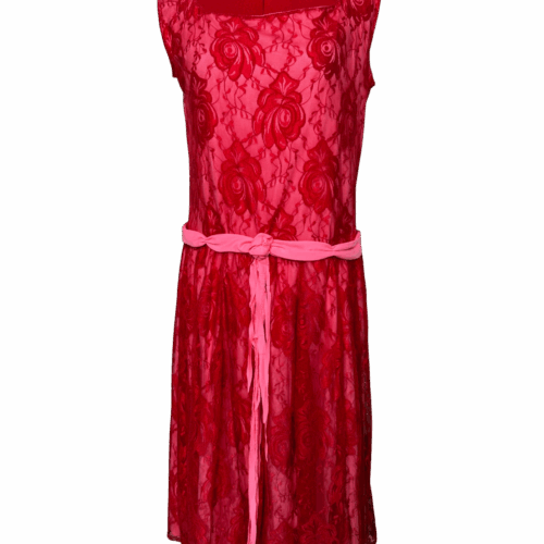 Red lace dress with pink lining & pink waist sash - RENTAL - Size?
