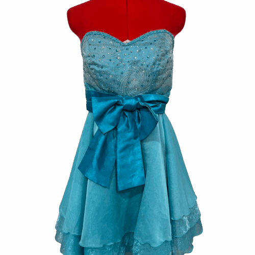 Turquoise strapless cocktail dress with oversized front bow & lace-up back - RENTAL - Size?