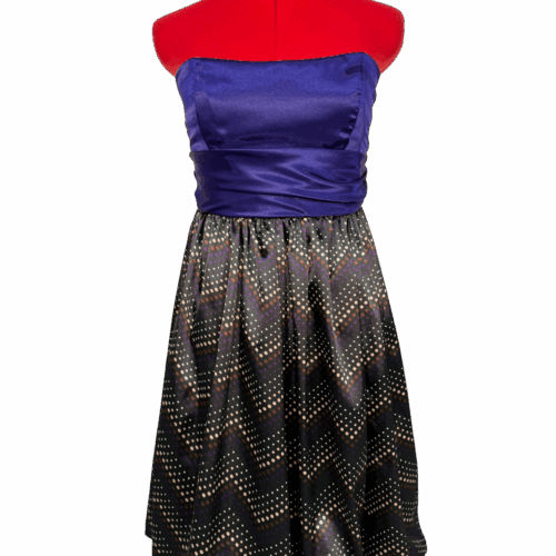 Strapless satin cocktail dress with dark purple bodice & purple/brown/beige printed skirt - RENTAL - Size?
