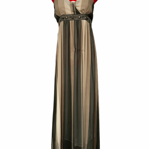 Olive green & beige striped tea-length dress with wrap-over top - RENTAL - Size?