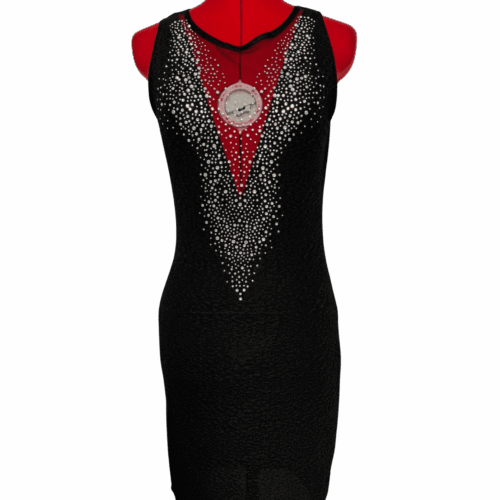 Black mini bodycon dress with front mesh neckline & gemstones - RENTAL - Size?