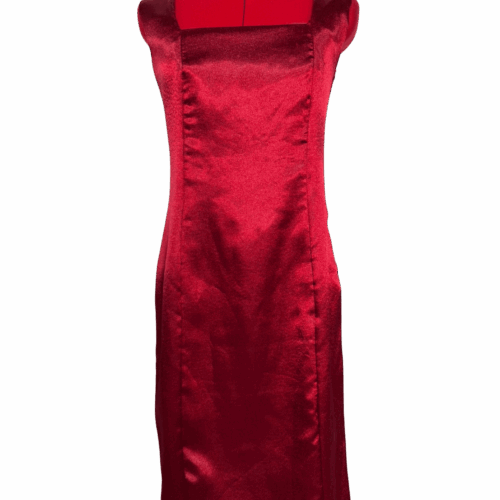 Red knee-length satin dress with square neckline & criss-cross back - RENTAL - Size?