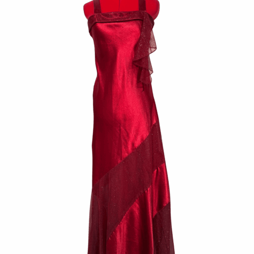 Red satin square neck floor length dress with sparkly mesh panels & mesh flounce - RENTAL - Size?