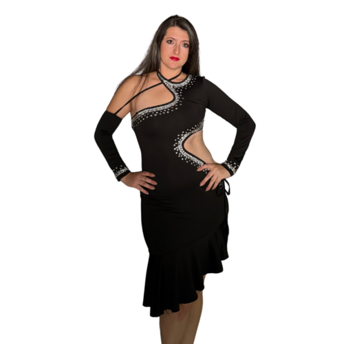 Black Crystal One Shoulder Latin Dress – Rental