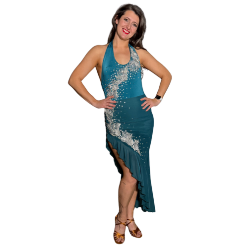 Teal asymmetric halter Latin dress for rent
